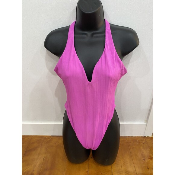 READ! Luli Fama Size M/L Pink Gold Embellishment VNeck Halter One Piece Swimsuit - Picture 1 of 6